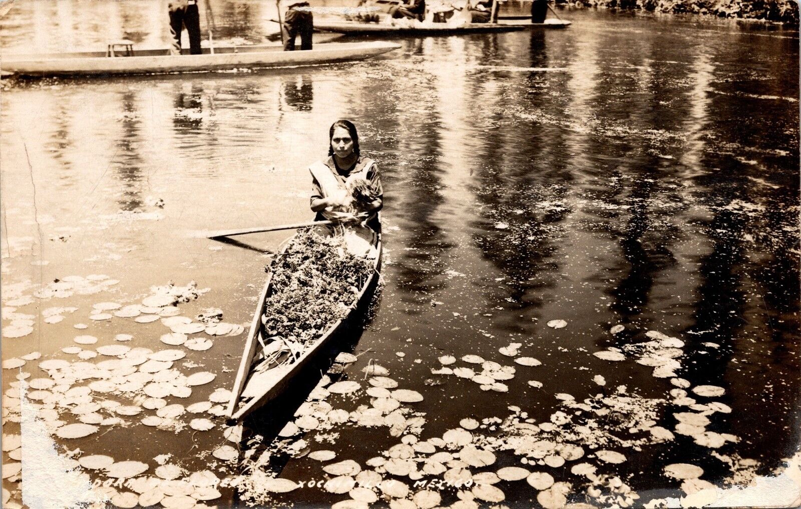 RPPC Xochimilco Mexico City Woman Boat Flower Seller Vendor Postcard 1939 FLAW