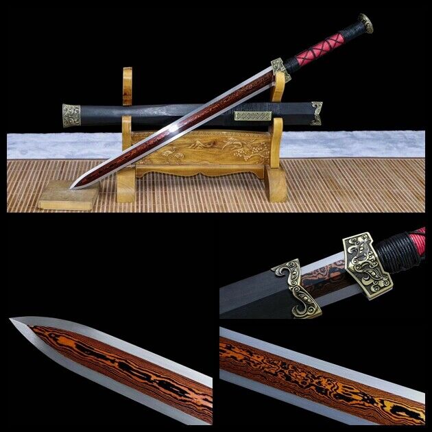 Handmade Chinese Sword Han Jian Red Damascus Folded Steel Blade Full Tang Sharp