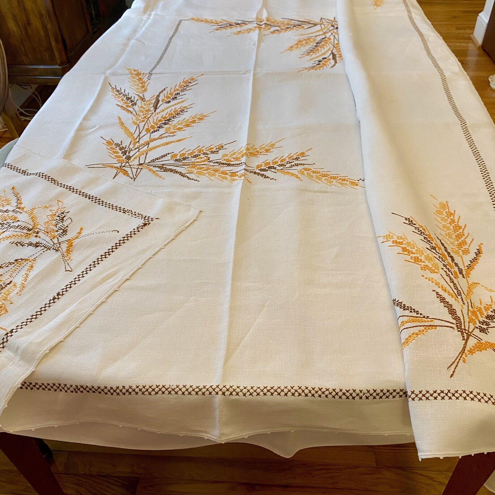 Vtg Cross Stitch Embroidered Wheat Linen Tablecloth Harvest Fall Cloth 75x60