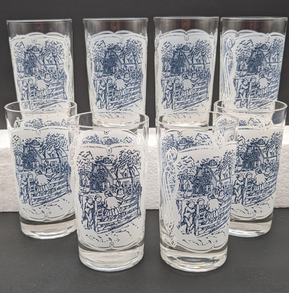 Currier and Ives Blue And White Large Juice Glasses Children At The Gate 8 Oz