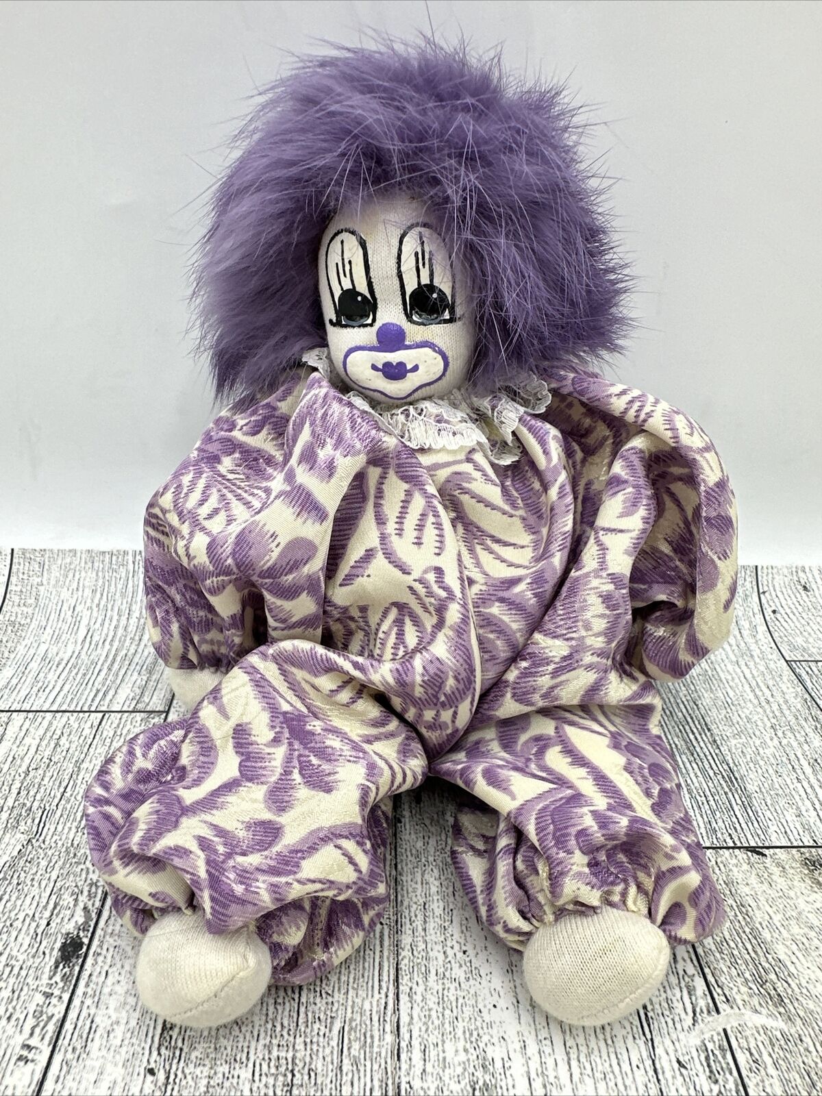Vintage Q-Tee Clown Doll Figure Purple Floral 8 Inches Long Dark Hair