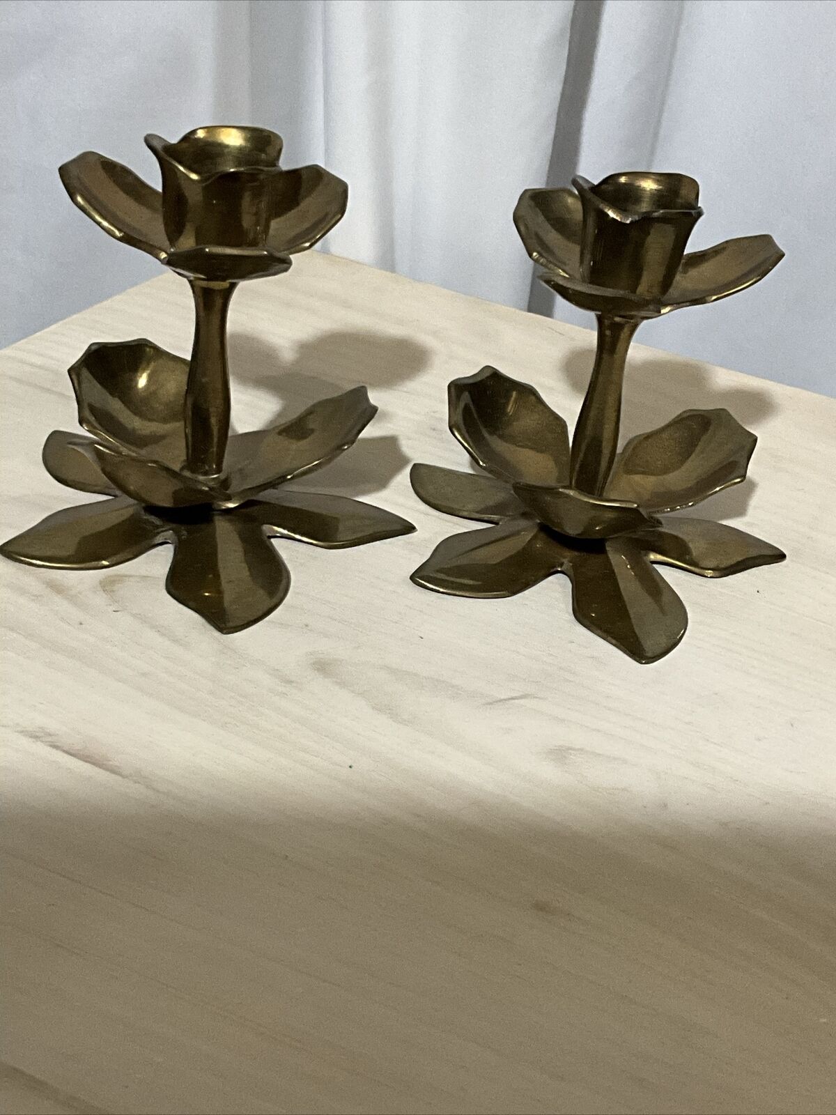 Pair Of Vintage Lotus Flower Brass Candlesticks 3.5”T 