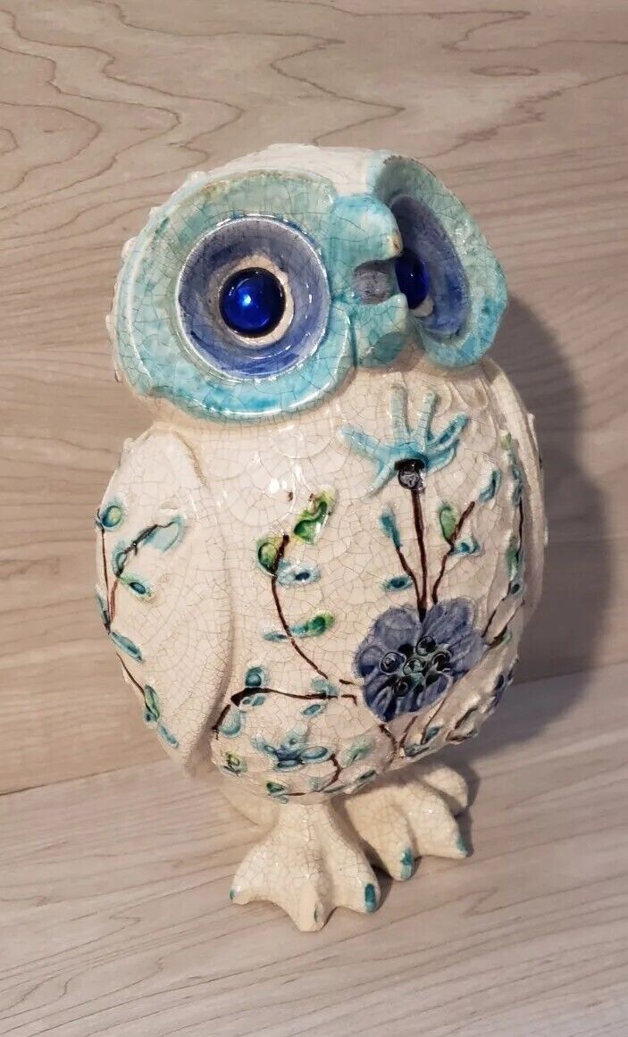 Alvino Bagni Ceramic Owl Italian Pottery Blue Floral Crackle Glaze Jewel Eyes