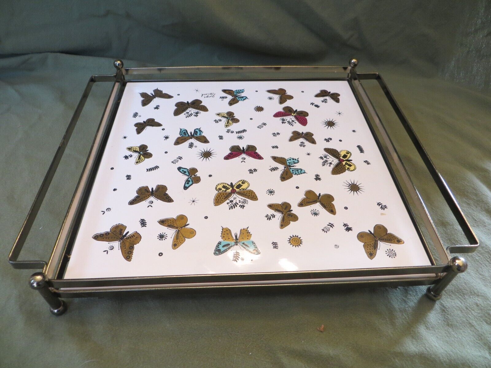 Stunning MCM Georges Briard Gold Meal and Glass Butterflies Tray