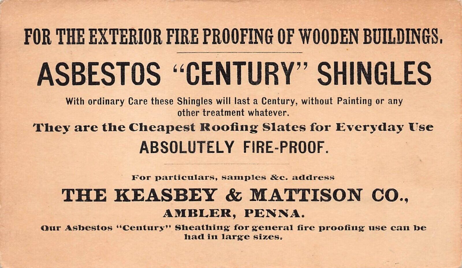 Asbestos Century Shingle Advertising Ambler PA Keasbey Mattison Vtg Postcard C26
