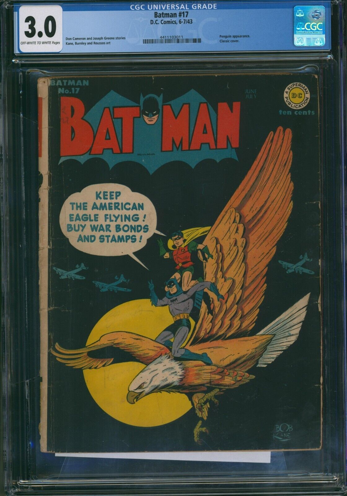 Batman #17 CGC 3.0 DC Comics 1943 Golden Age War Cover Penguin Appearance