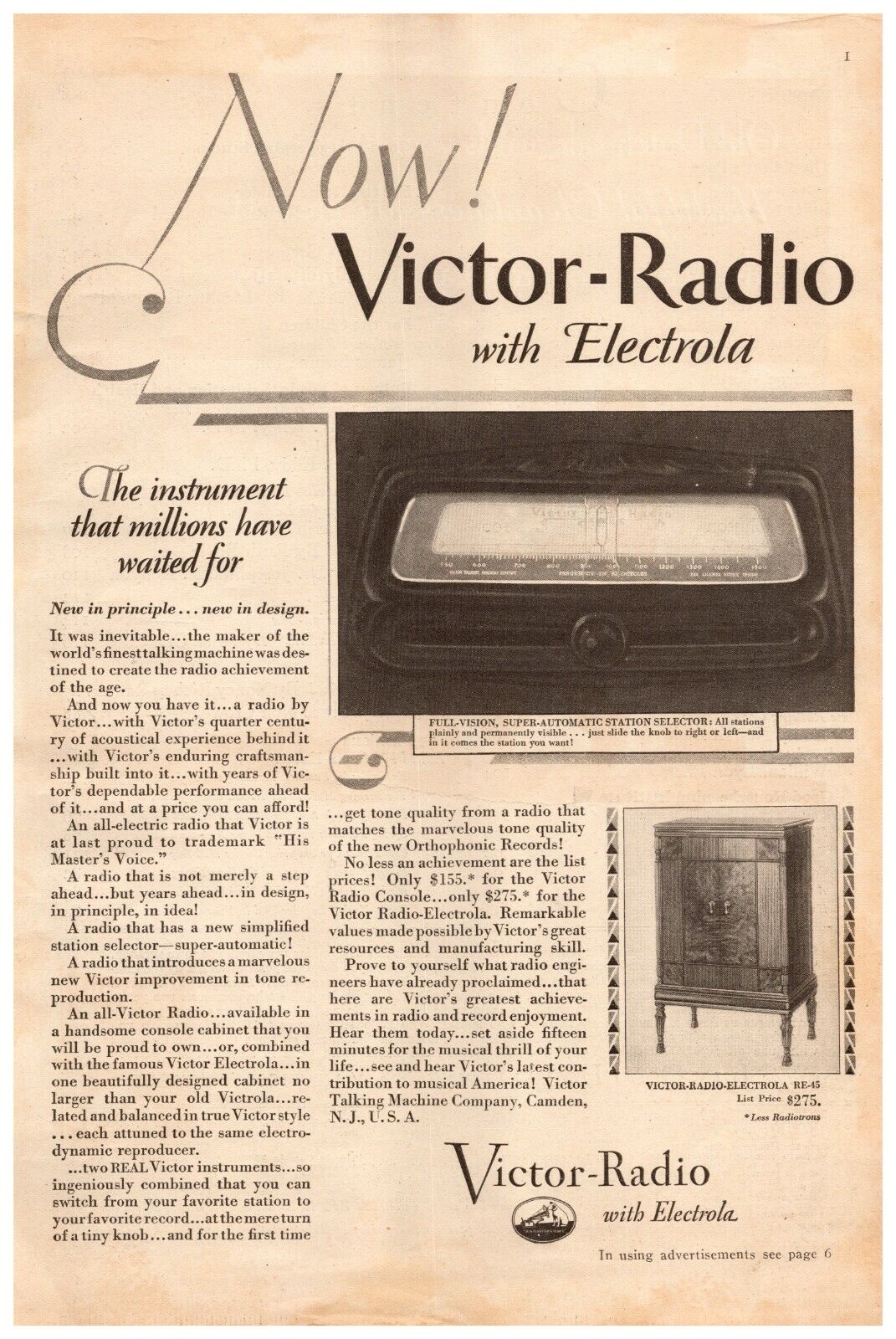 1929 Victor Radio Vintage Print Ad With Electrola The Instrument Millions Waited