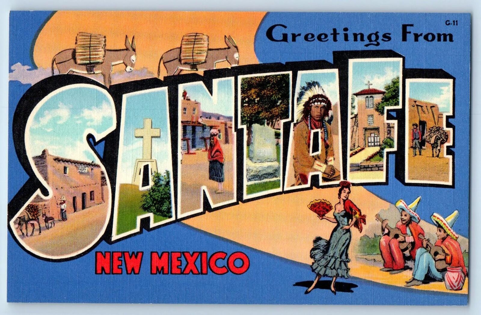 c1940's Greetings From Santa Fe Large Letter New Mexico Correspondence Postcard