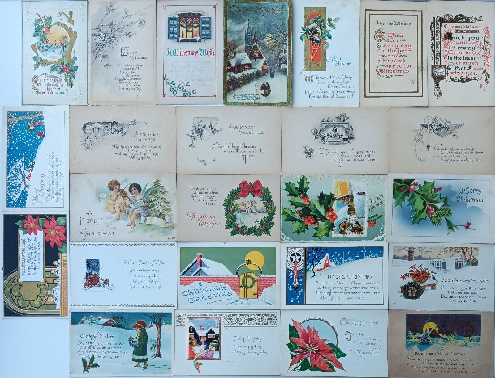 25 Antique Vintage Christmas Postcards: Children Holly Wreathes Poinsettia Lot 3