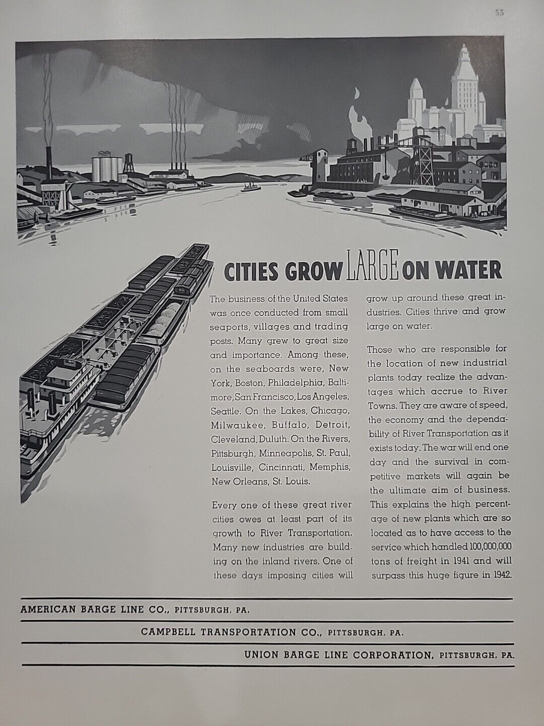 1942 American Barge Line Campbell Fortune WW2 Print Ad Q4 Waterfront Cities