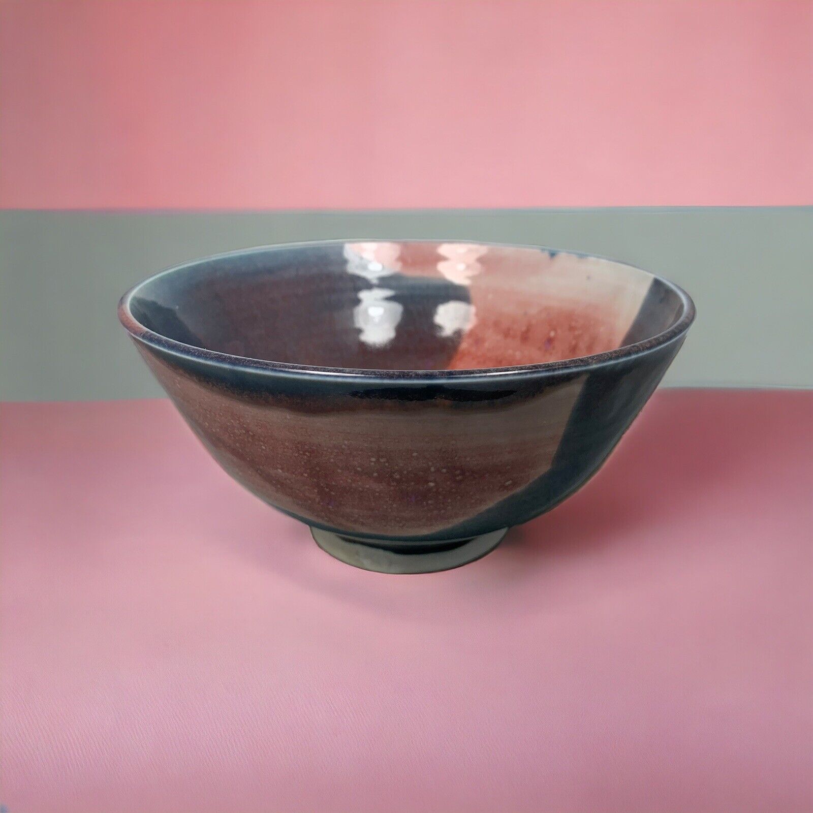 Art Studio Pottery Bowl Pink Blue Vintage Signed 2002