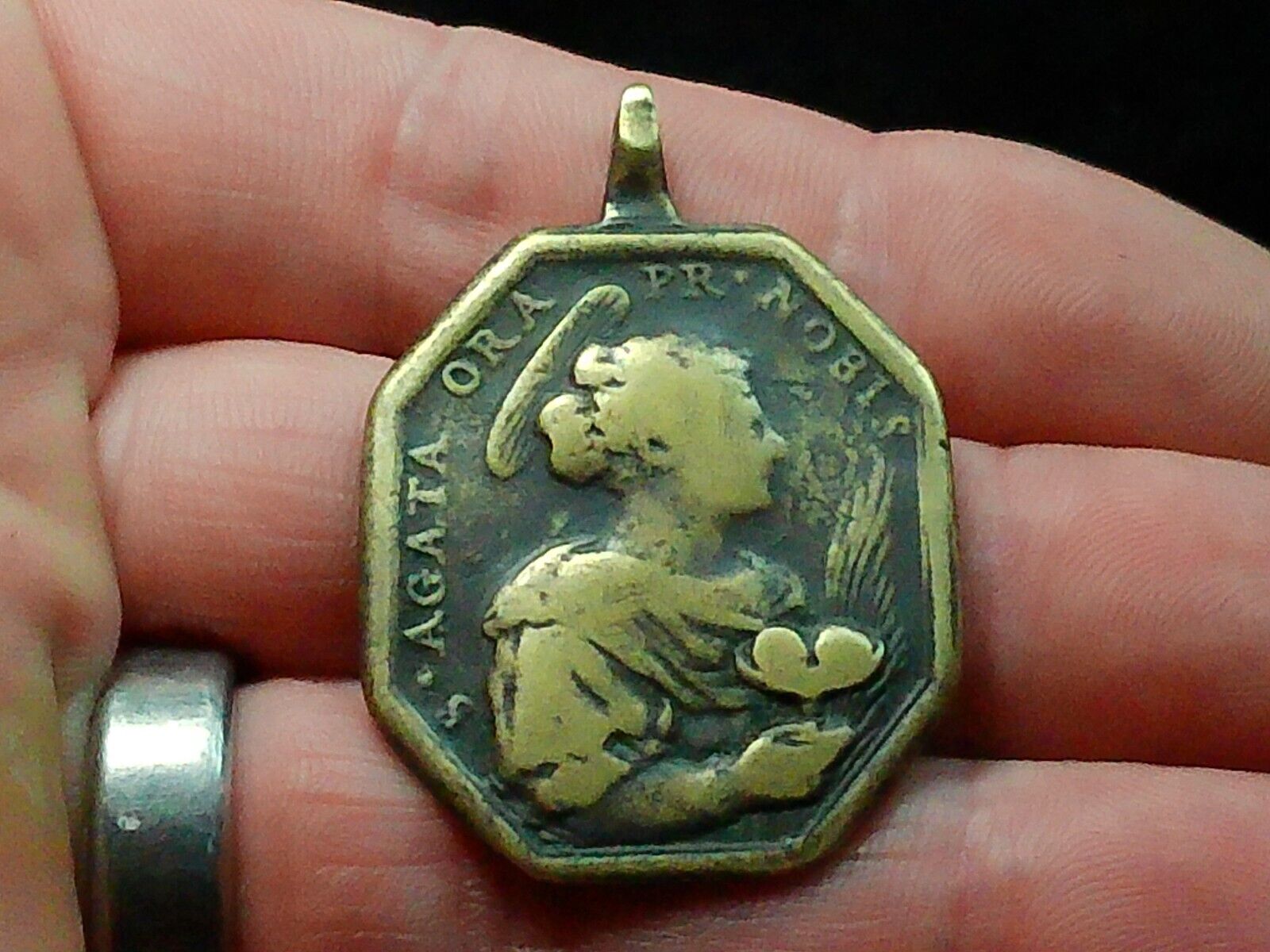 Exceptionaly Rare- Large, Early Saint Agatha Religious Medal featuring 3 Saints