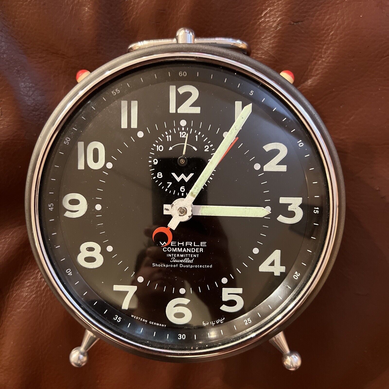 Wehrle Commander Intermittent Jewelled Alarm Clock Western Germany. Works