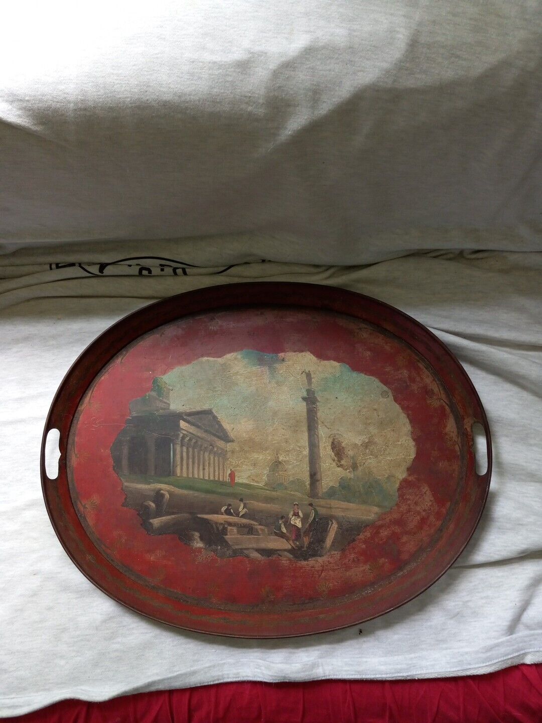 Antique French France Toleware Painted Classical Scene Tray
