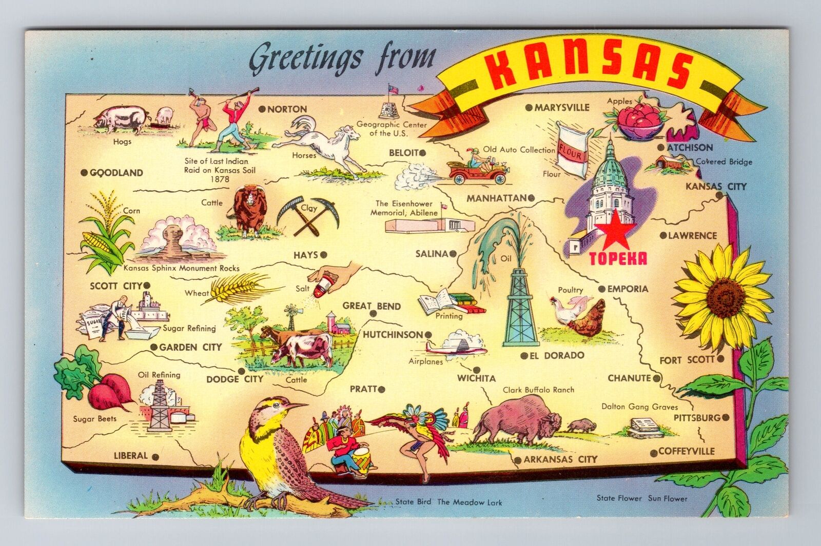 KS-Kansas, General Map Greetings, Antique, Vintage Souvenir Postcard