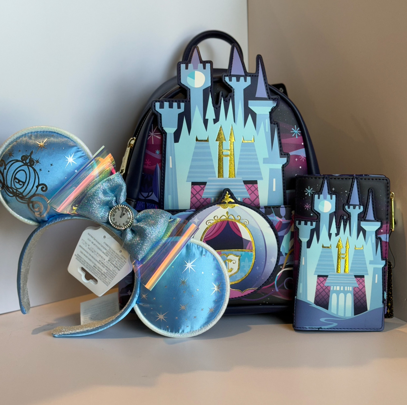Loungefly Disney Parks CINDERELLA CASTLE Backpack + Wallet + Mouse Ear Headband