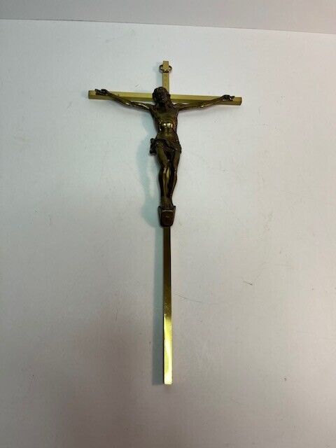 Vintage INRI 10\'\' Antiqued Brass Cross Crucifix Jesus Christ On The Cross
