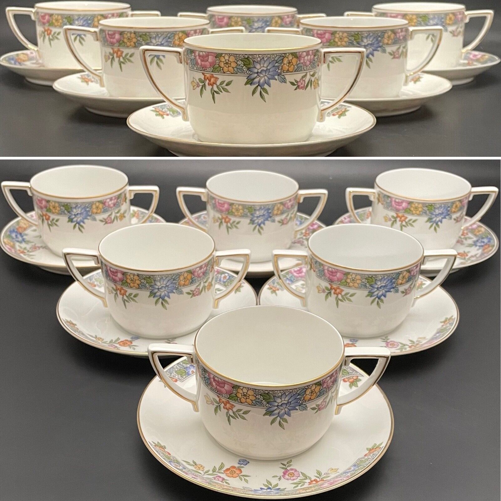 Hutschenreuther Vernon Double Handle Soup Cup & Saucer 12pc Set for 6 Germany