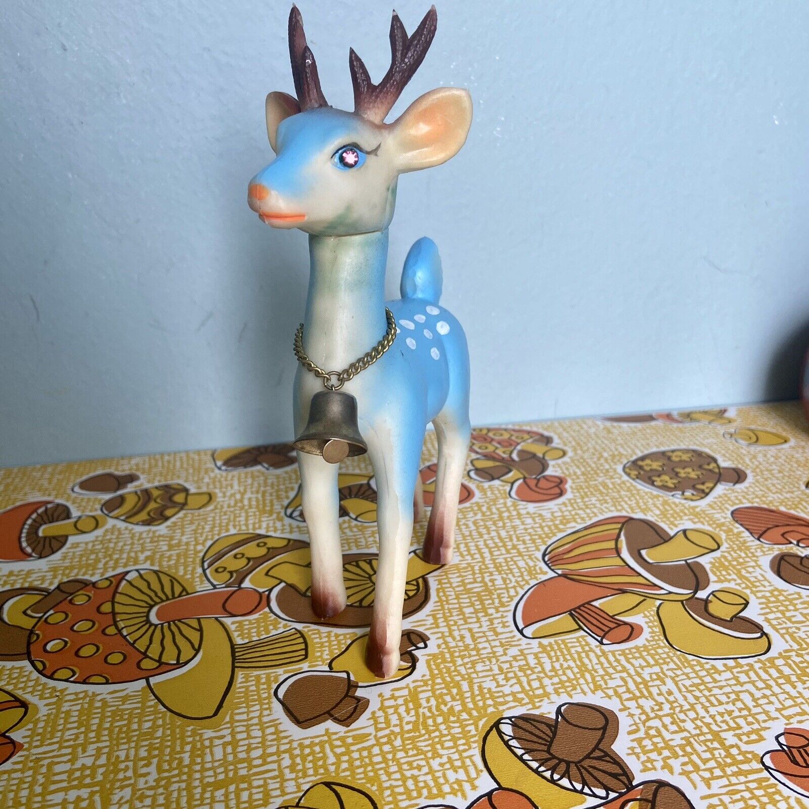 VTG Japan Blue Rubber Reindeer Christmas Decor Soft Plastic 5” (Bell, Gem Eyes)