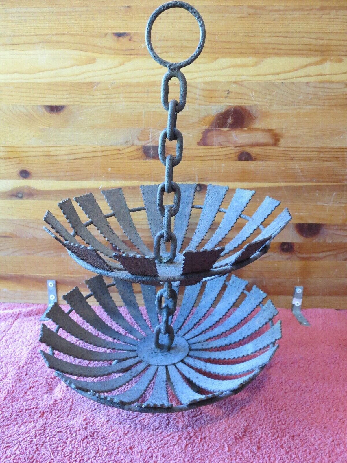 Vintage Wrought iron Windmill fruit dessert baskets 2 tier plant stand chain