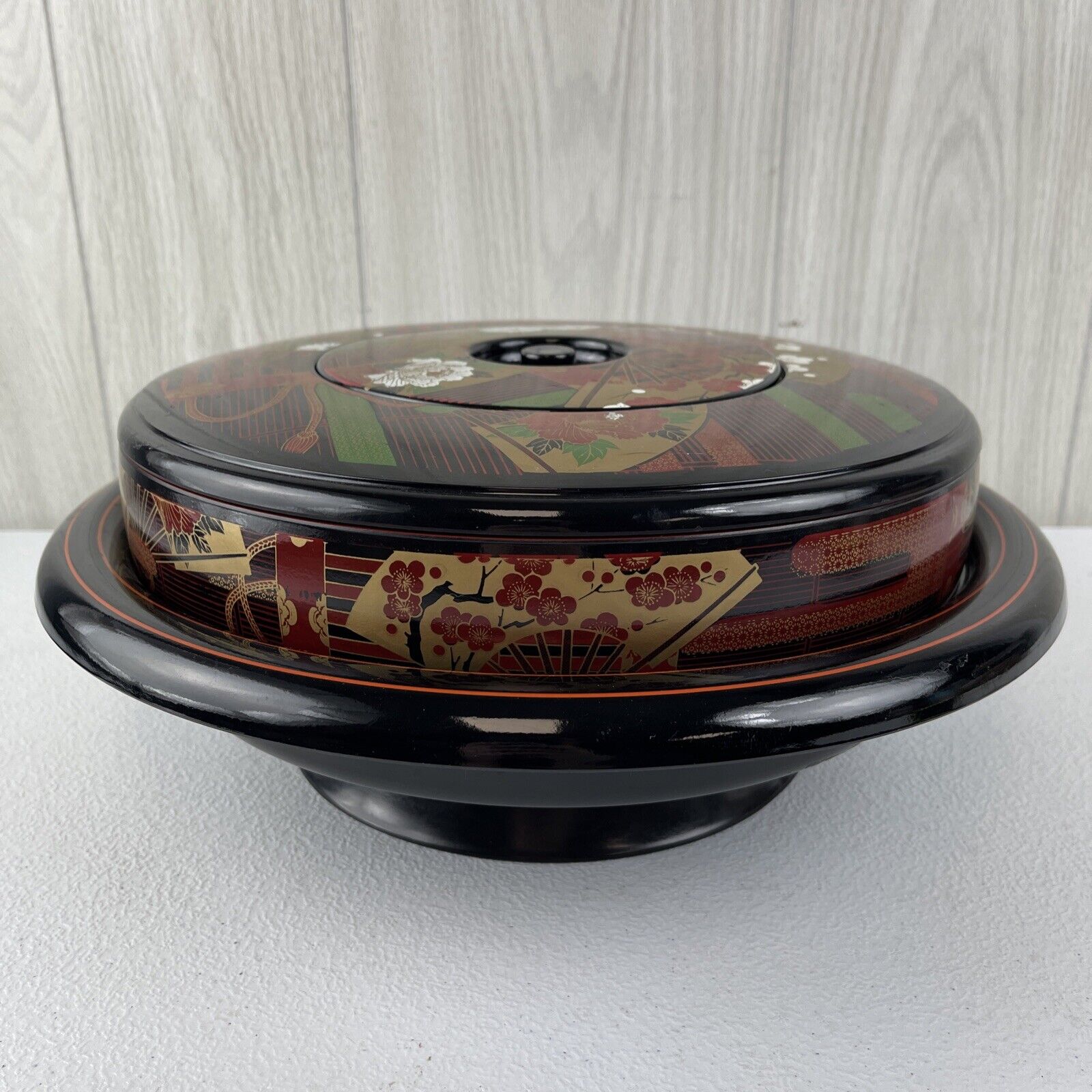 Vintage Japanese Lacquerware Bowl w/ Lid & Plates Revolving Lazy Susan **READ