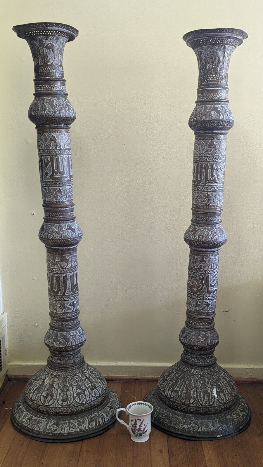Antique Very Large Persian Brass Candle Sticks 50 inches Tall, Figural Engraving