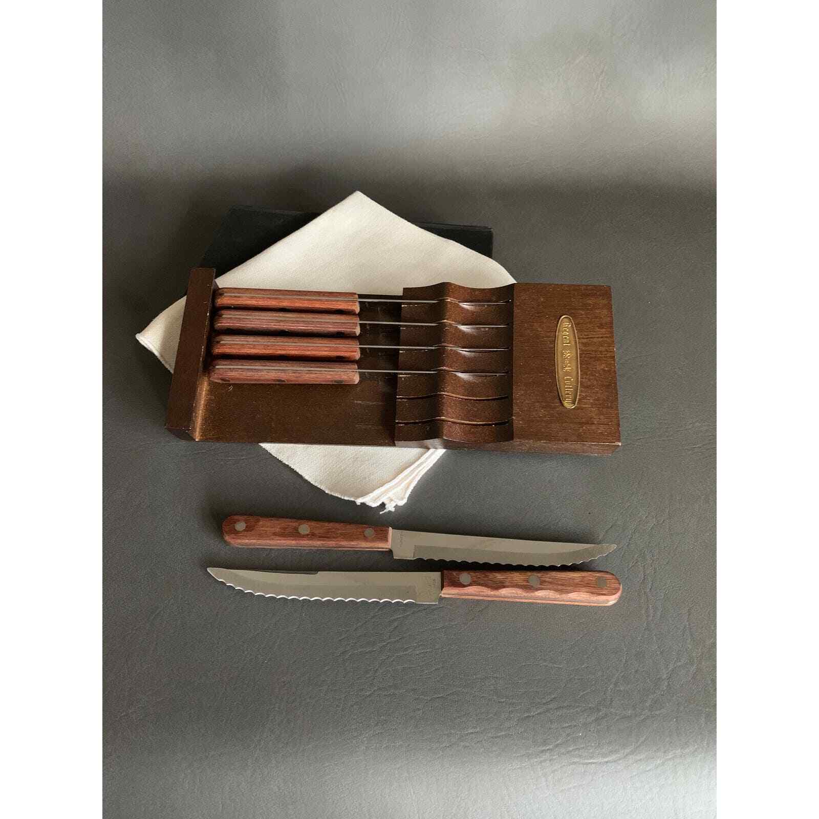 VTG REGENT SHEFFIELD Wooden Handle Steak Knives Set of 6 hangable holder cutlery