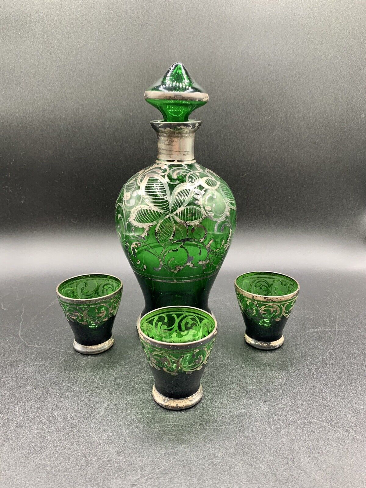 Antique decanter set Green Glass with silver overlay with 3 shot glasses Barware
