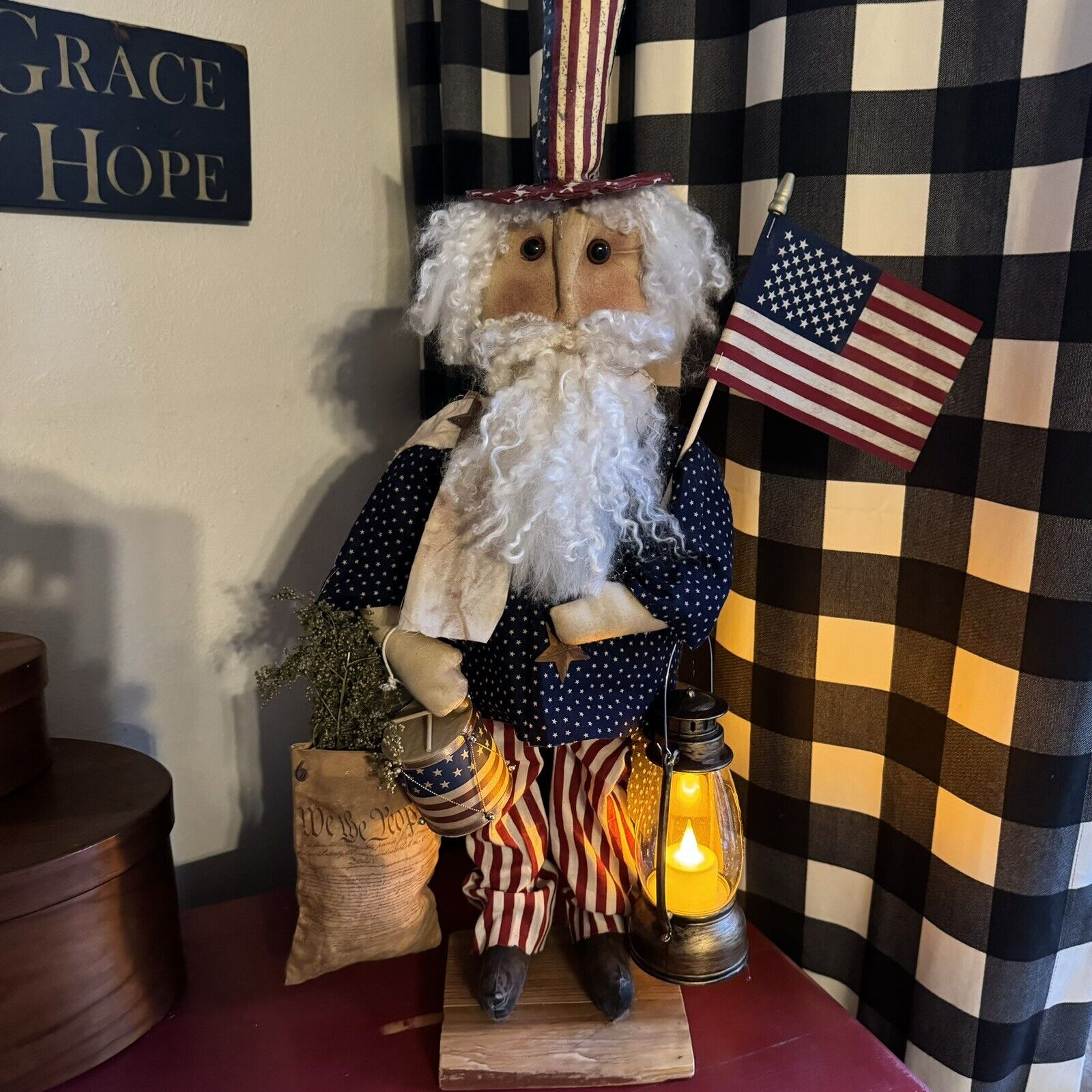 Primitive UNCLE SAM patriotic  Doll Americana Flag Hand Made Lighted Lantern