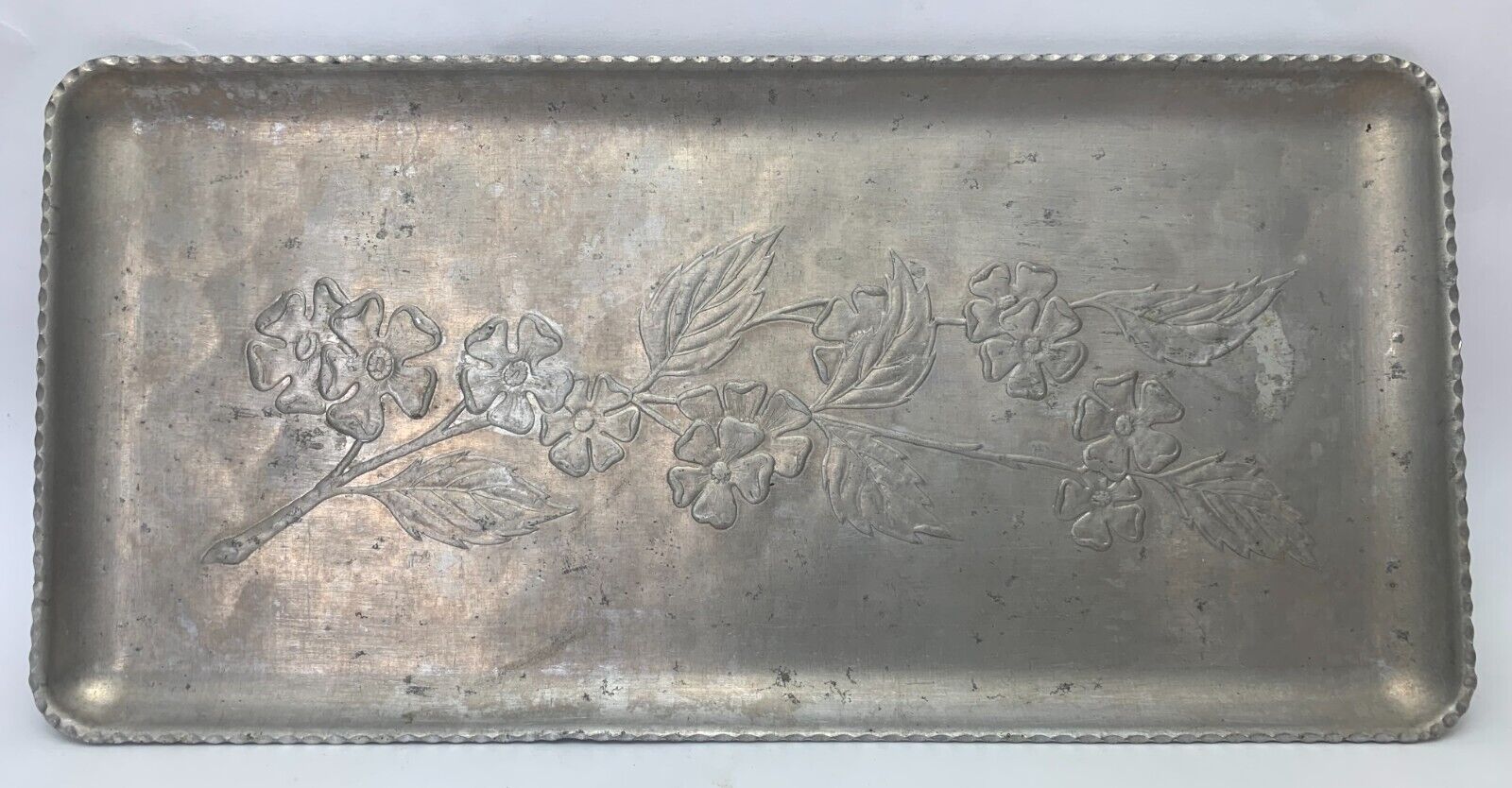 Vintage Hammered Aluminum Tray Dogwood Floral Serving Tray Platter