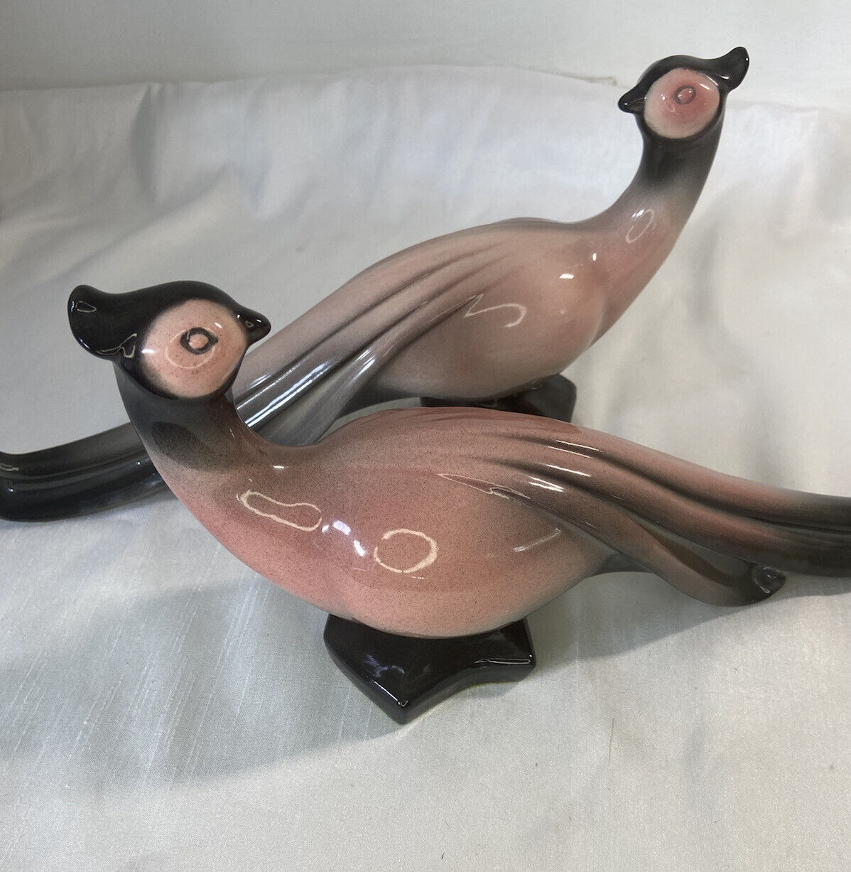 Vintage Figurines Pair Bird Pink & Black Ceramic Birds/ Rare Retro TV Decor