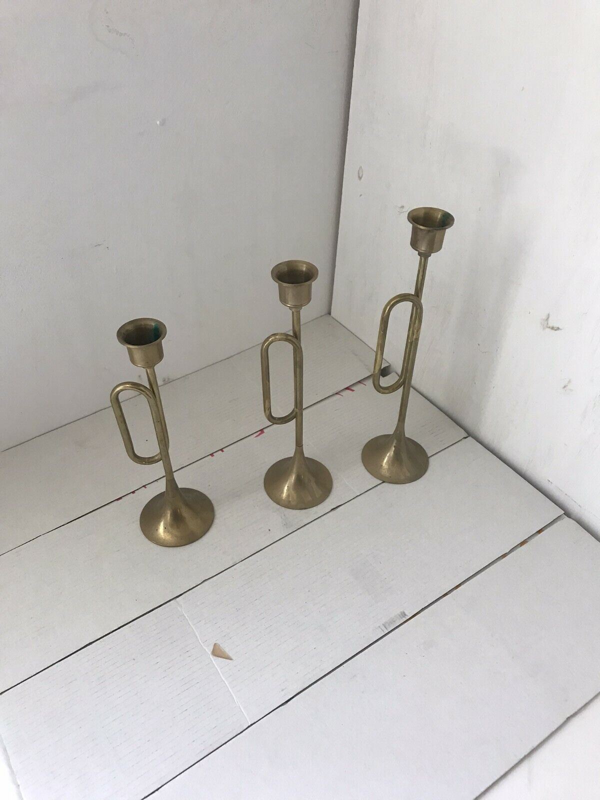Vintage Brass trumpet shape Candlesticks Candle Holders Set of three 9\