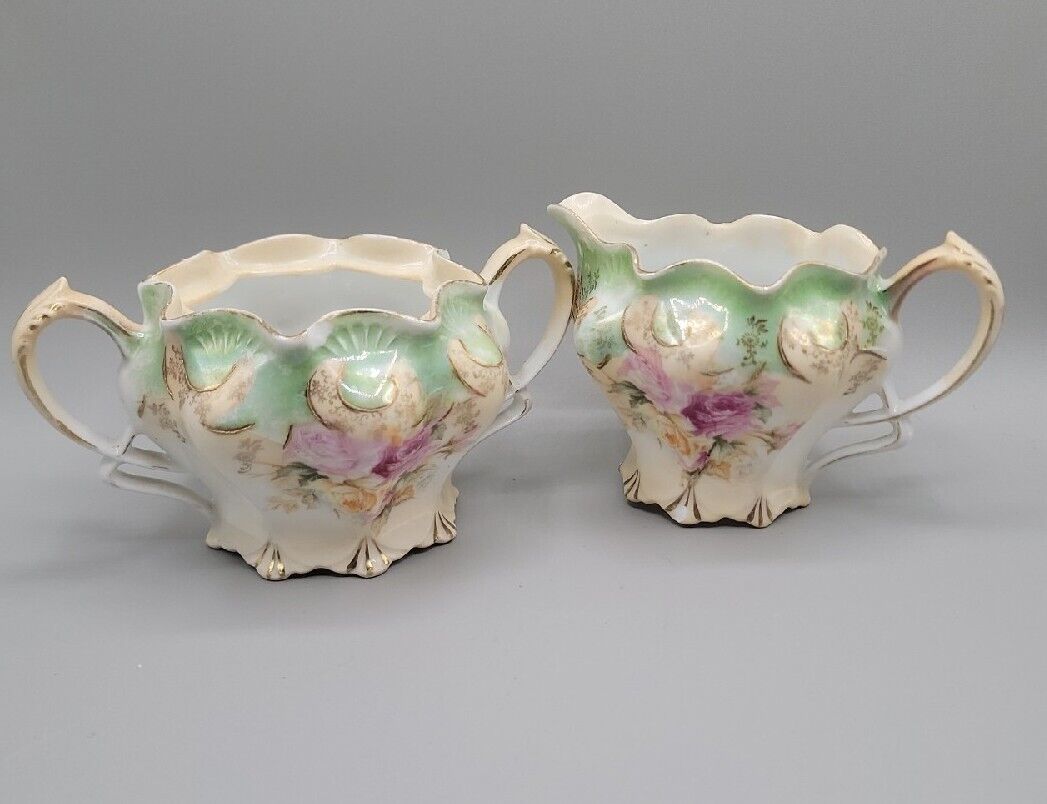 Antique RS Prussia Porcelain Creamer & Sugar Bowl Set Green Ombre Floral 2 Pcs