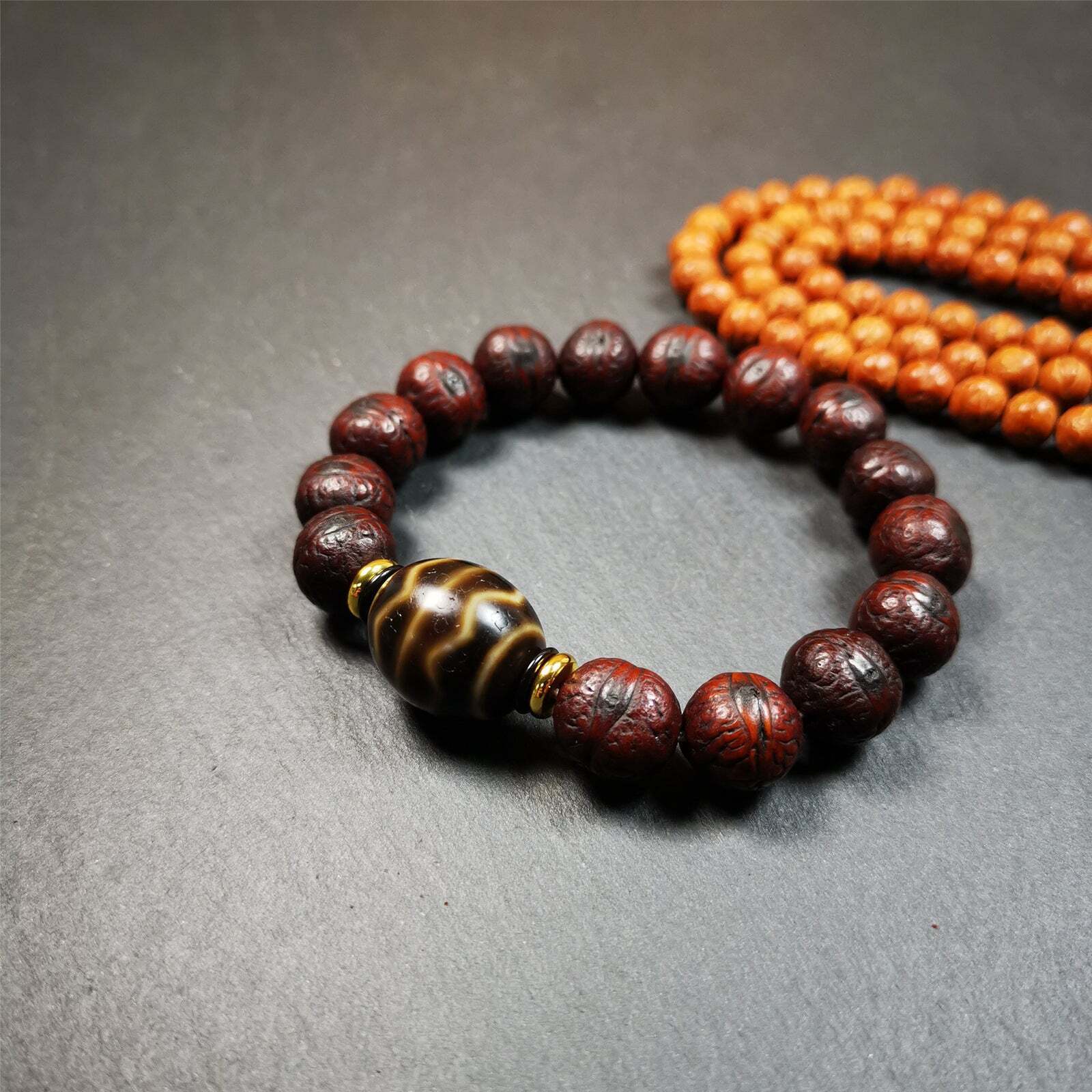 Gandhanra Unique Tibetan Dalo Dzi Bead Bracelet,Old Fortuen Wave Dzi Bodhi Beads
