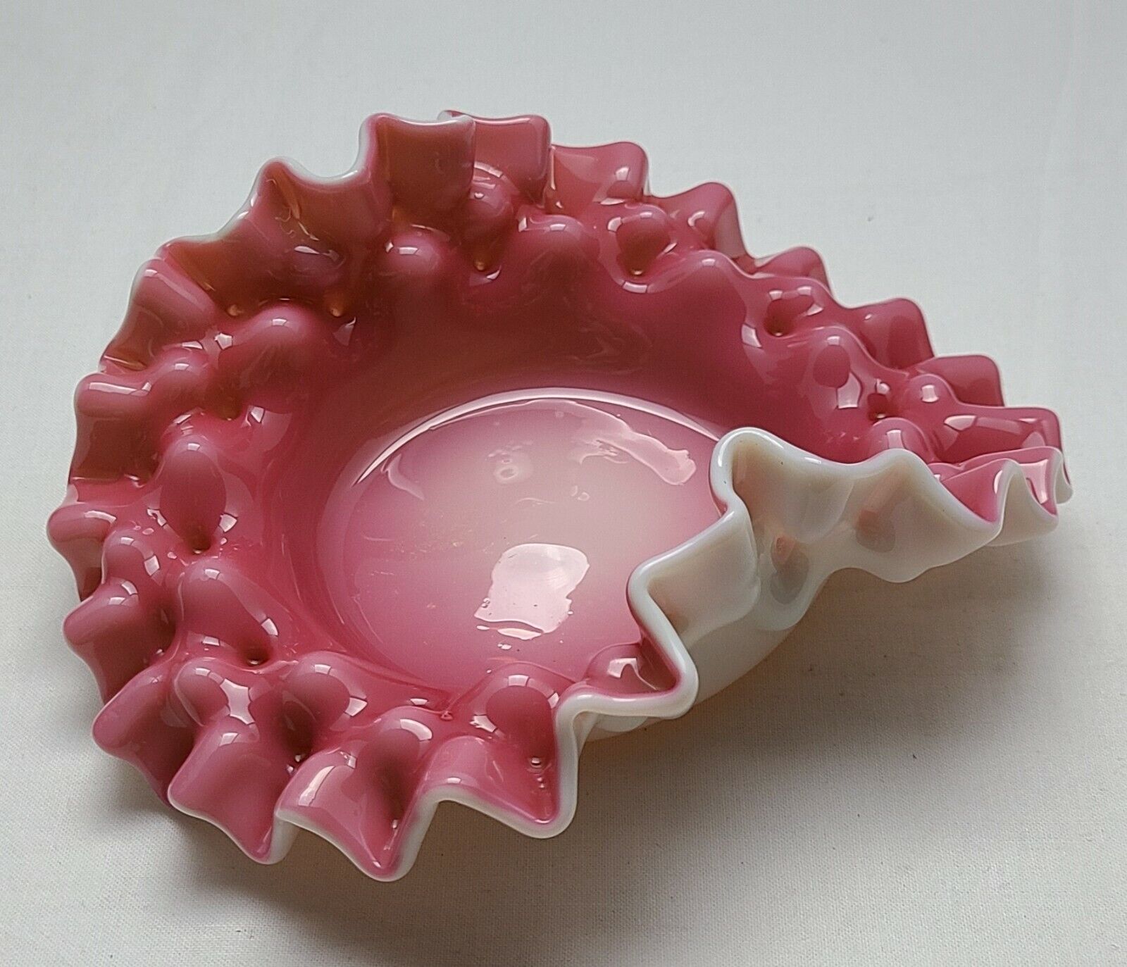 Antique  Pink Rose White Hobnail Ruffled Edge Case Glass Bowl Dish