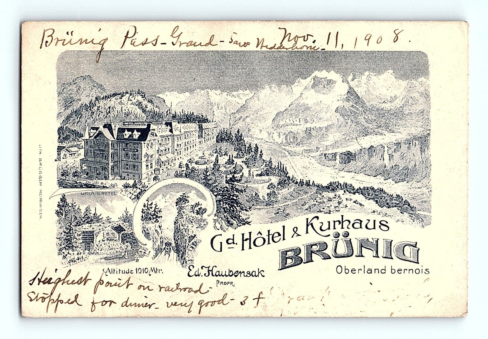 Trade Card 1908 Grand Hotel & Kurhaus Brunig Pass Oberland Bernois Switzerland