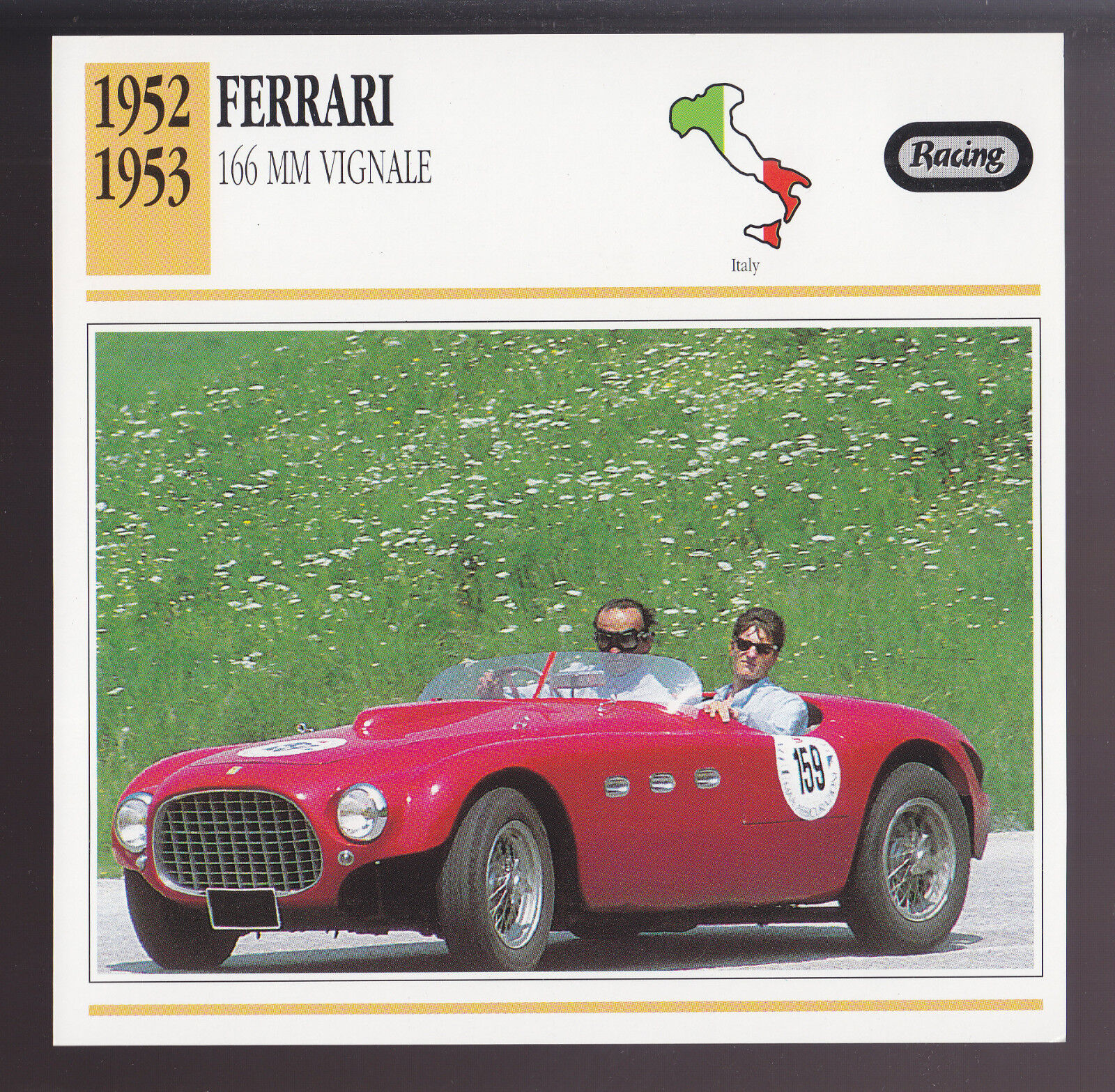 1952-1953 Ferrari 166 MM Barchetta Vignale Race Car Photo Spec Sheet Info CARD