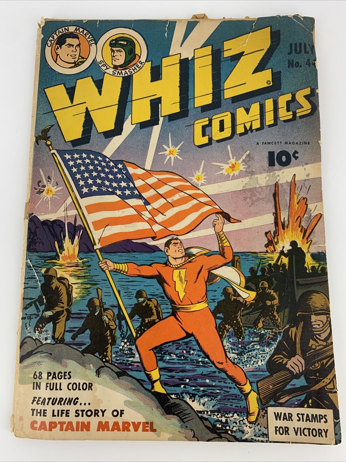 Whiz Comics #44 WWII Flag Cover Captain Marvel 1943 Missing 4 Pgs Detached Cover