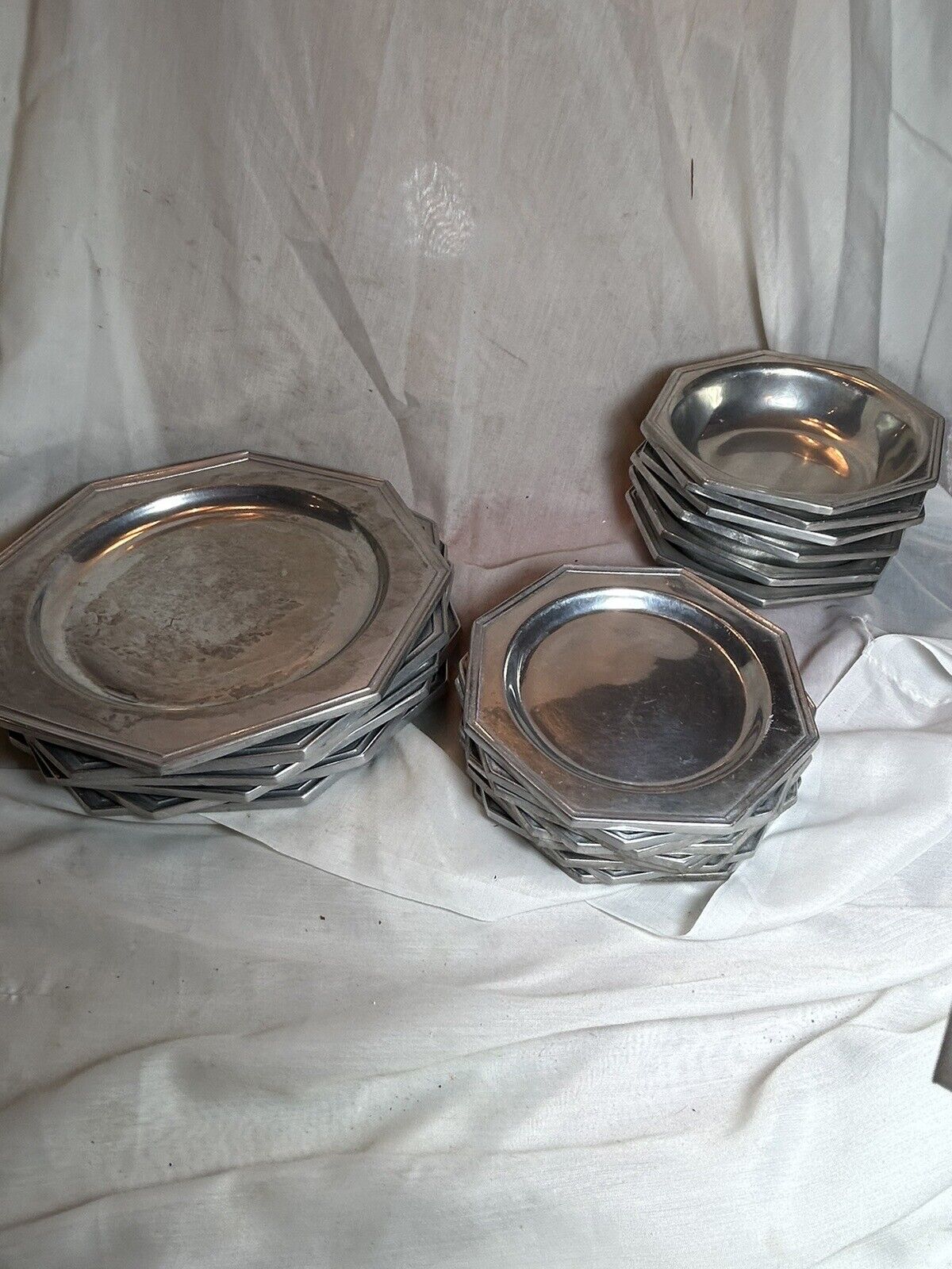 Vintage RWP Pewter Matching Dinner Dishes Bowls 21 Pieces Octagonal Wilton Pa. 