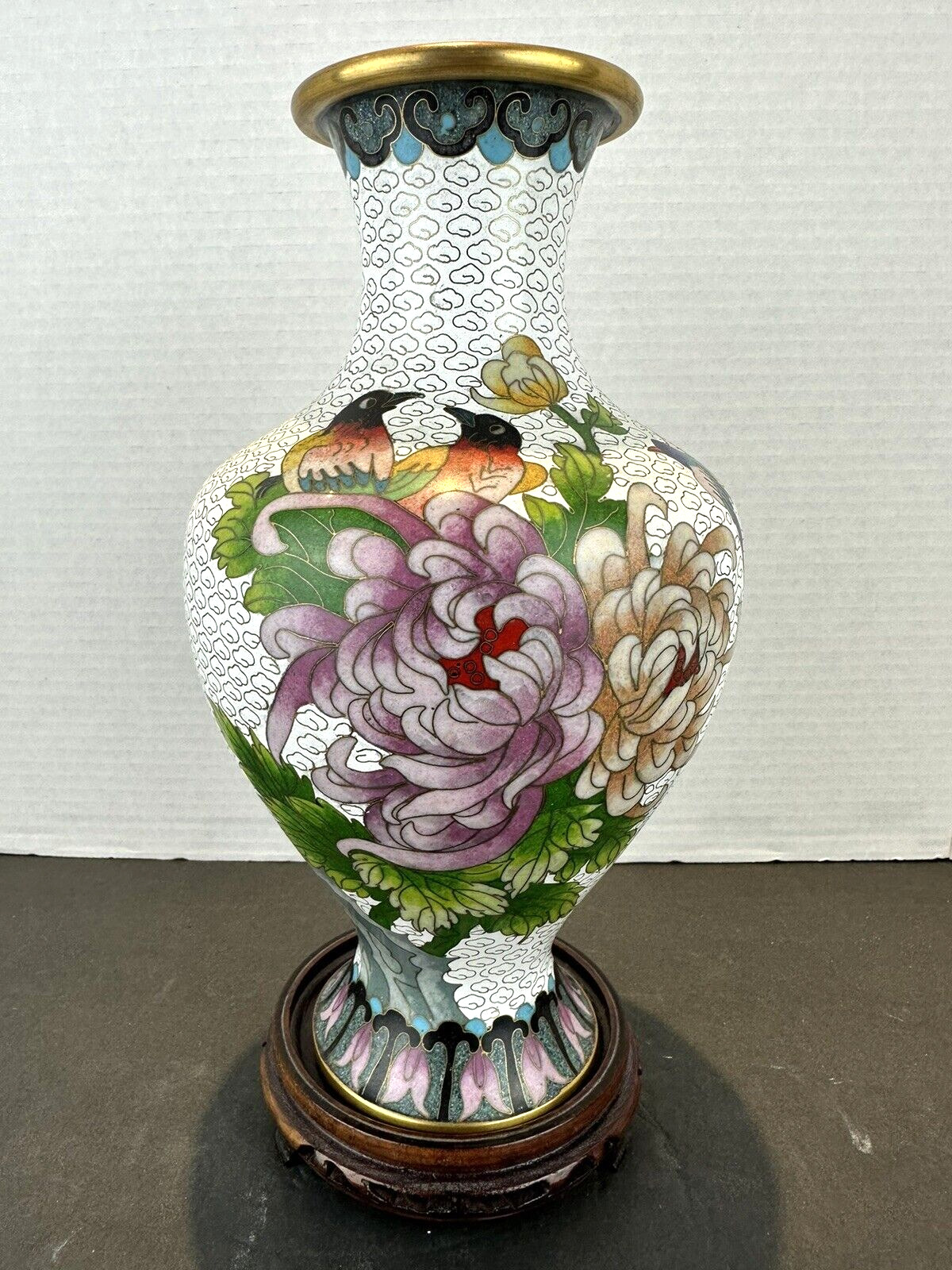 Signed Collectible Vtg Cloisonne Enamel Vase Birds Flowers
