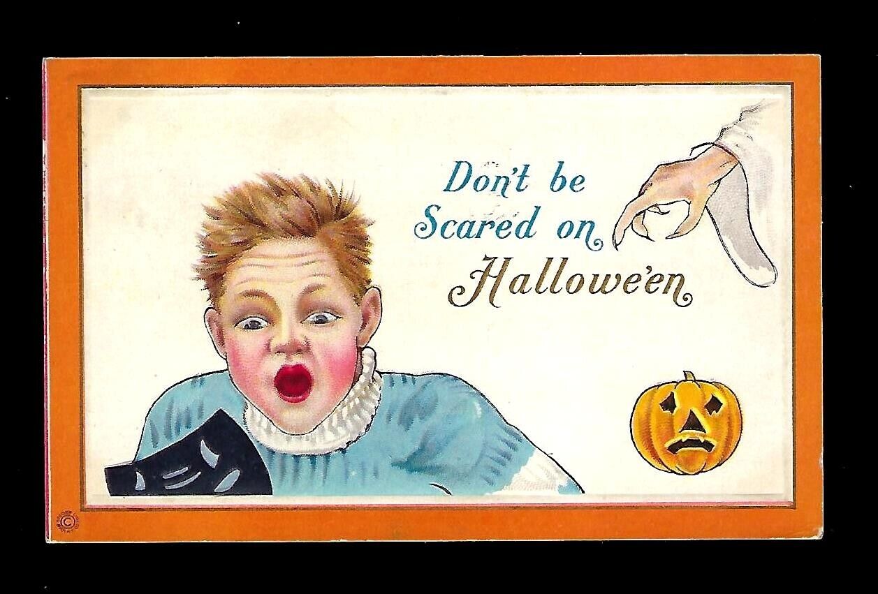 c1911 Stecher Halloween Postcard Scared Young Boy, JOL Ghost