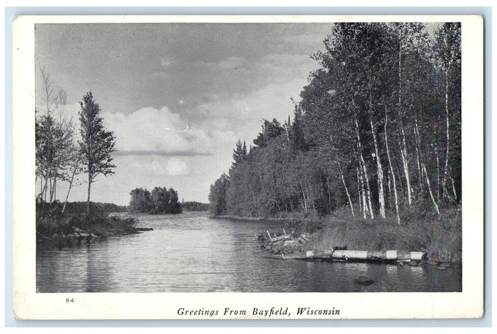 1948 Greetings From Bayfield Wisconsin WI Posted Trees And River Clouds Postcard