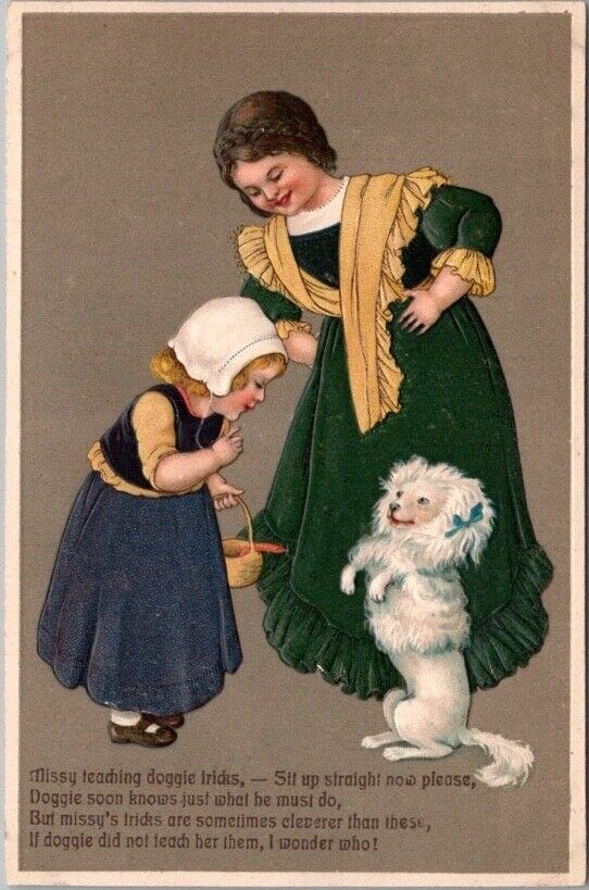 1900s PFB Embossed #7052 Greetings Postcard Mother & Little Girl w/ Dog - UNUSED