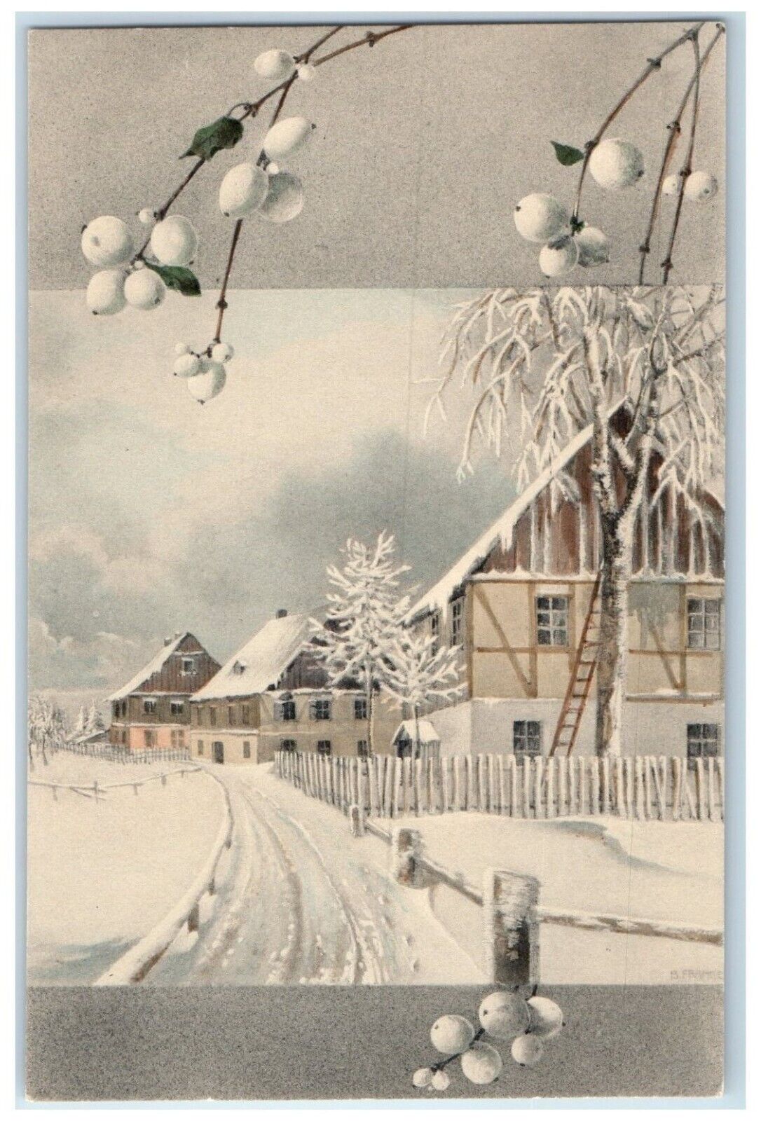 c1910's Ulreich Art Munk Houses Winter Snow Scene Fruits Antique Postcard