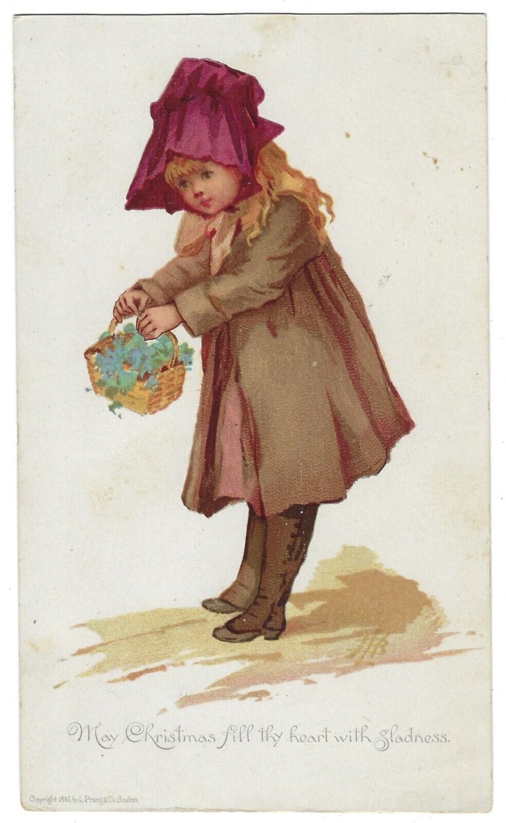 Antique Victorian Louis Prang\'s Christmas Card - 1886- Girl w Basket of Flowers