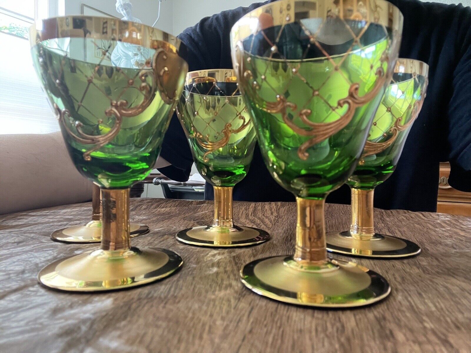Moser Bohemian Antique Emerald Green Enameled Czech Cordial Glasses (5)