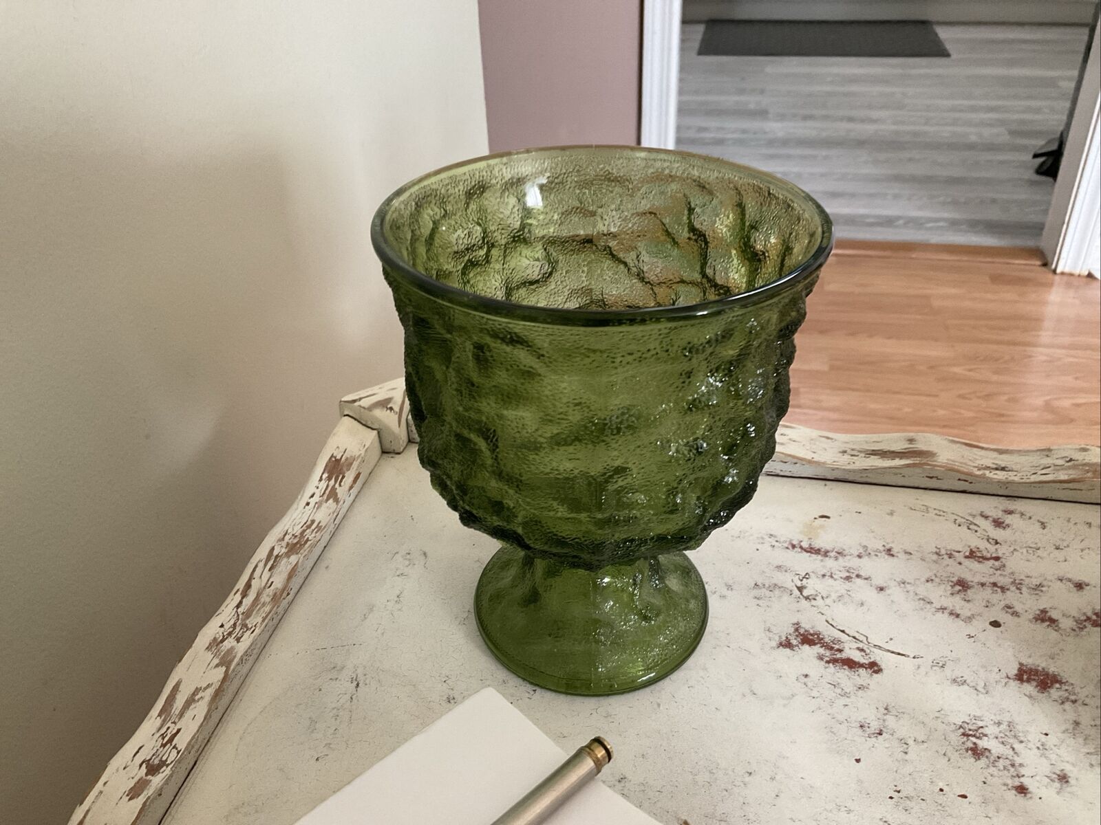 Vintage E.O. Brody Green Crinkle Textured Glass Vase