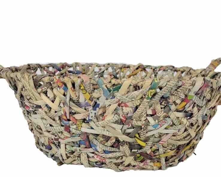 Trader Joe\'s Handwoven Basket  Cottage Core Recycled Newspaper Large 12x16 NWOT