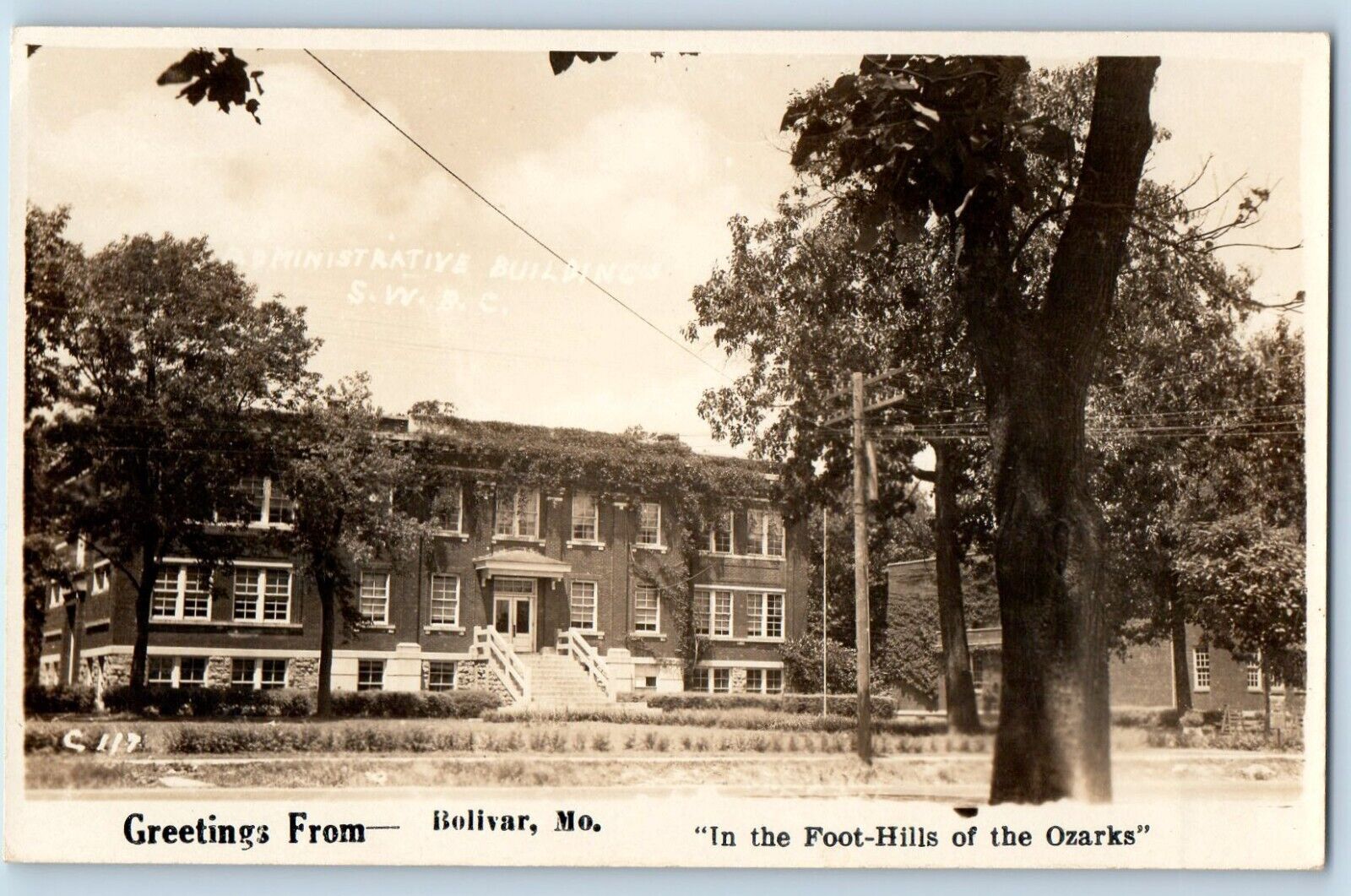 Bolivar Missouri Postcard RPPC Photo Greetings Administrative Building c1940\'s