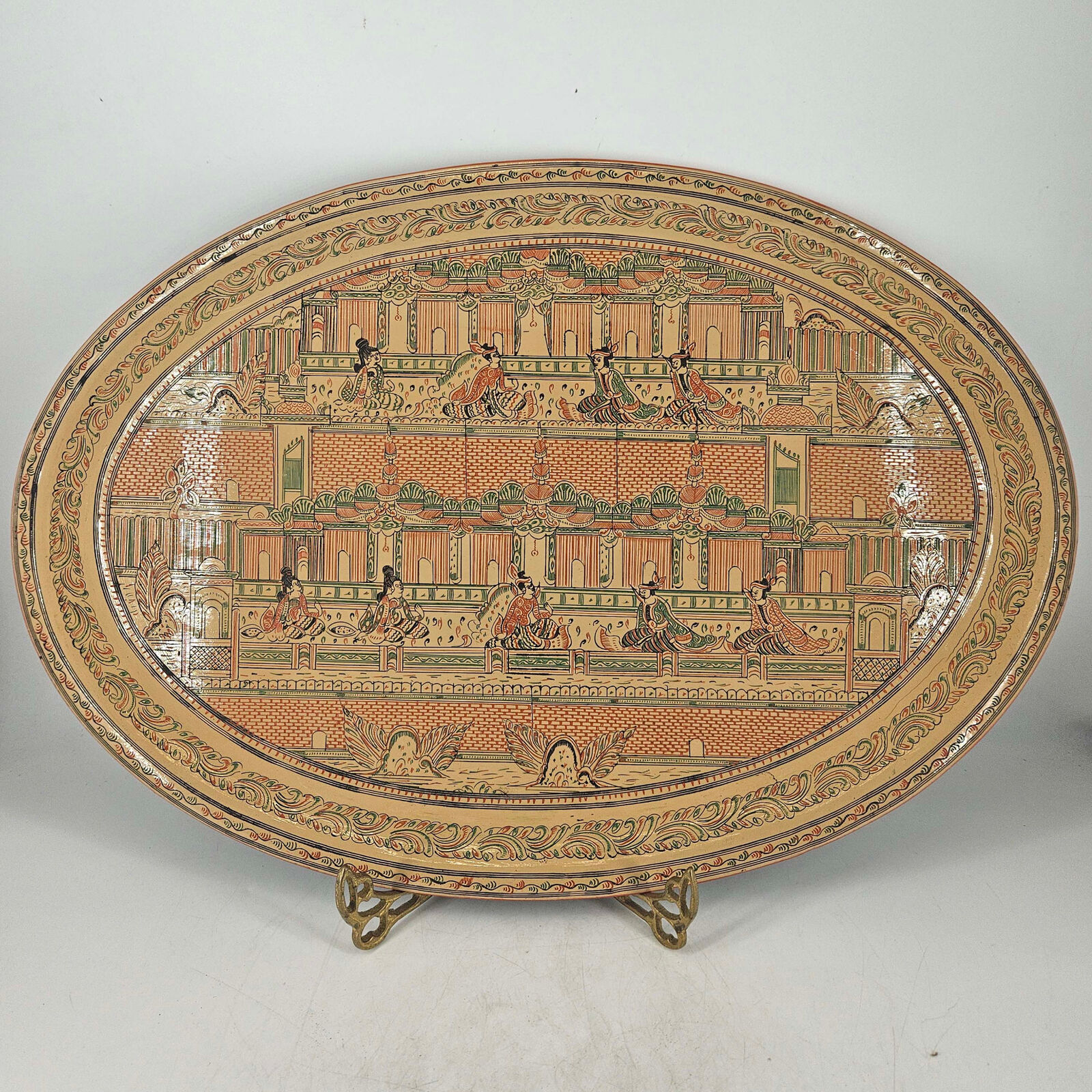 Vintage Burmese Red Hand Decorated lacquer oval Tray Laquerware
